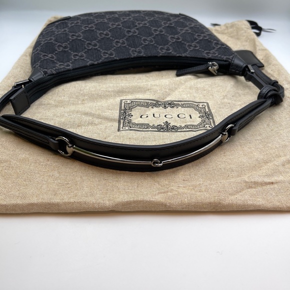 NEW GUCCI Jacquard Black Denim GG Monogram silver Horsebit Shoulder Bag Black - Picture 5 of 16